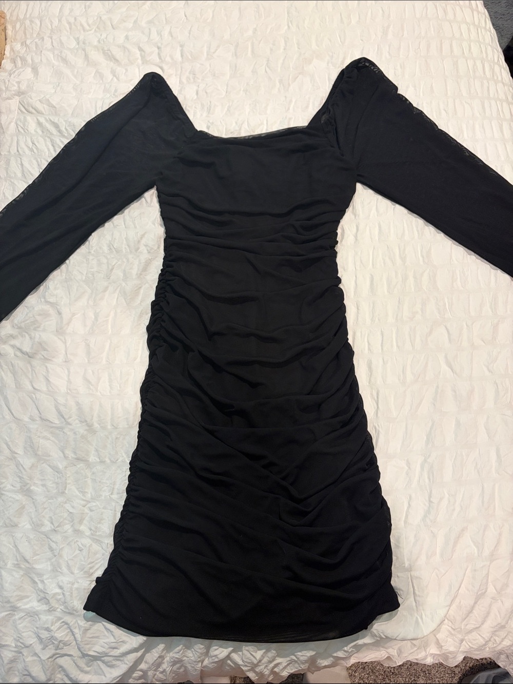 Black Ruched Long-Sleeve Women's Dress